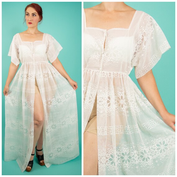 1960s 1970s XL/L Tall White Peignoir Robe - White