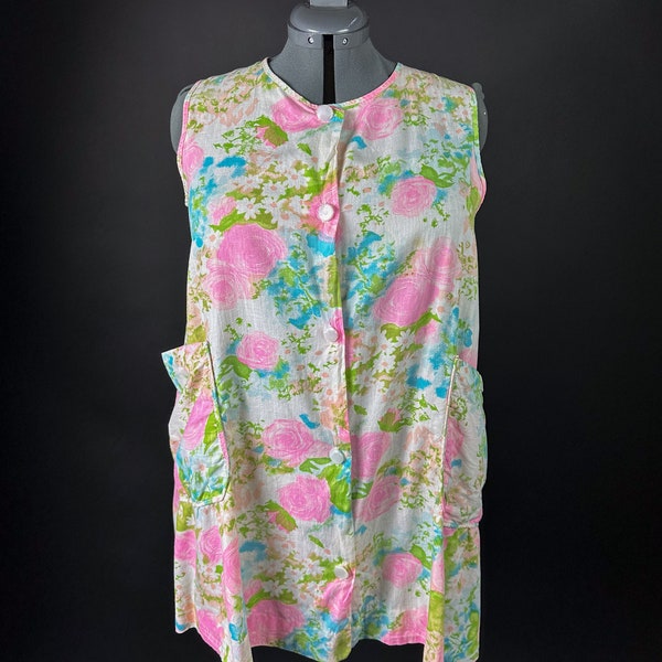 1960s Pink Bright Floral Smock or House Top with Pockets Or Maternity top