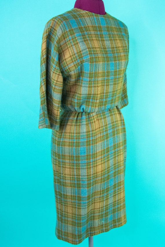 1950s 60s Dres - Green Plaid - Small - Pencil Dres