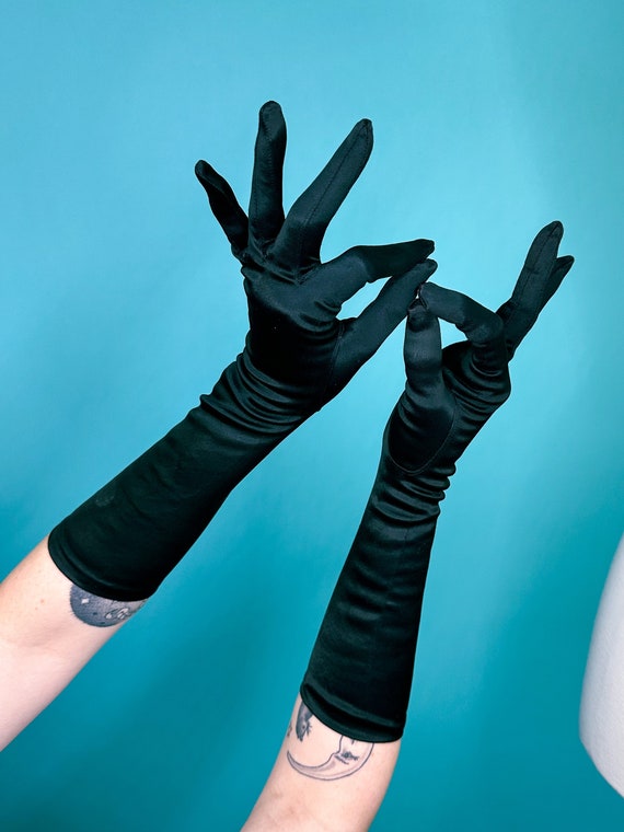 40s 50s Black Satin Nylon Gloves - image 5