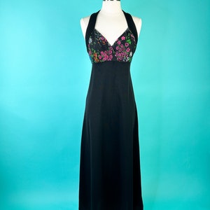 1970s Black Maxi Dress Floral Leopard Bust