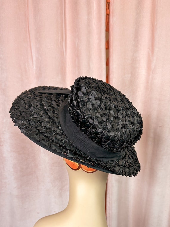 Vintage 1940s 50s Black Wide Brim Tilt Hat - image 4