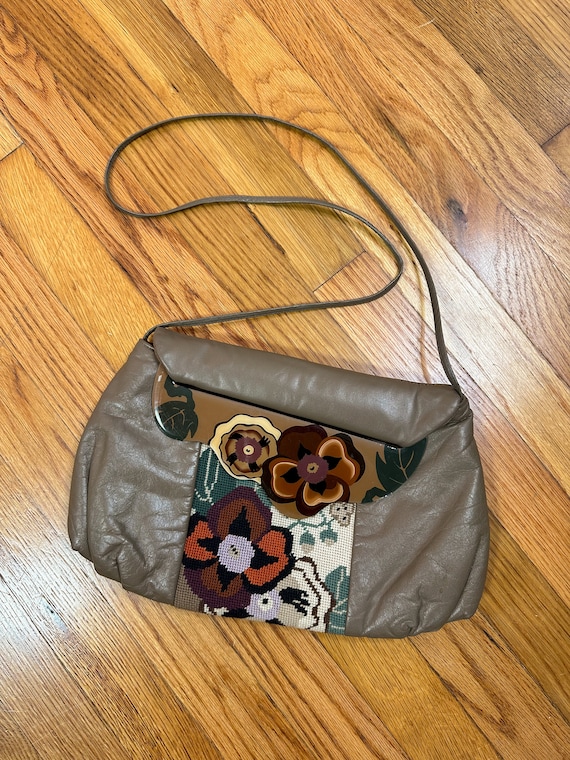 Vintage 1980s Moon Bag Beige Floral Tapestry Cros… - image 1