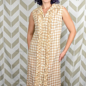 1960s Gingham Dress - Tan Gingham - Mod Dress - Sleeveless