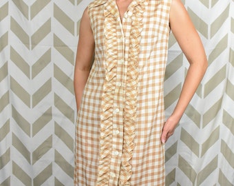 1960s Gingham Dress - Tan Gingham - Mod Dress - Sleeveless