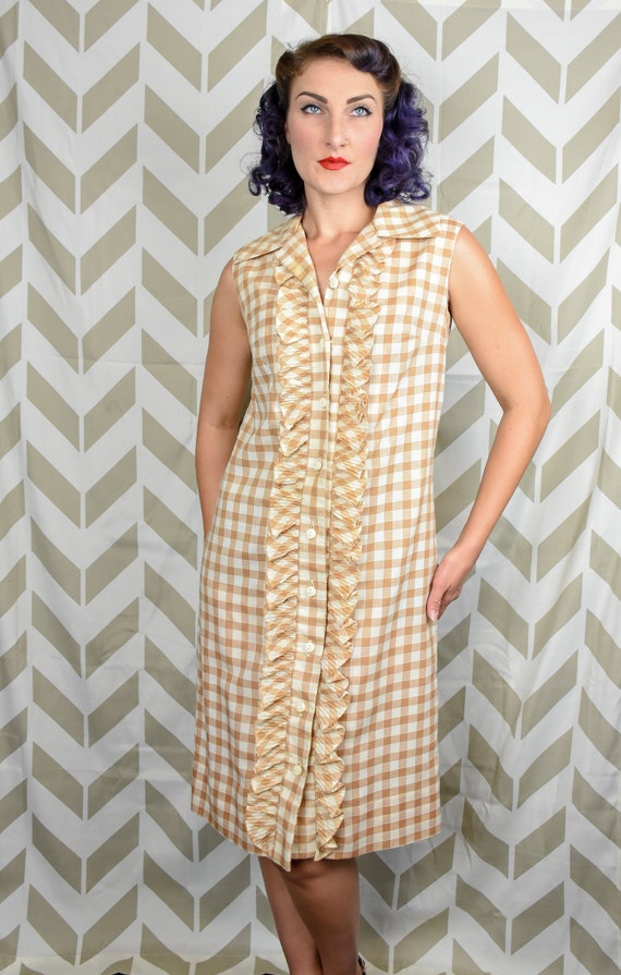 1960s Gingham Dress - Tan Gingham - Mod Dress - Sl