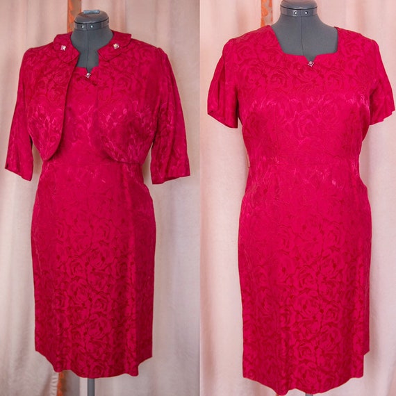 Vintage 1940s 50s Red Dress Set Pencil Dress 34 w… - image 1