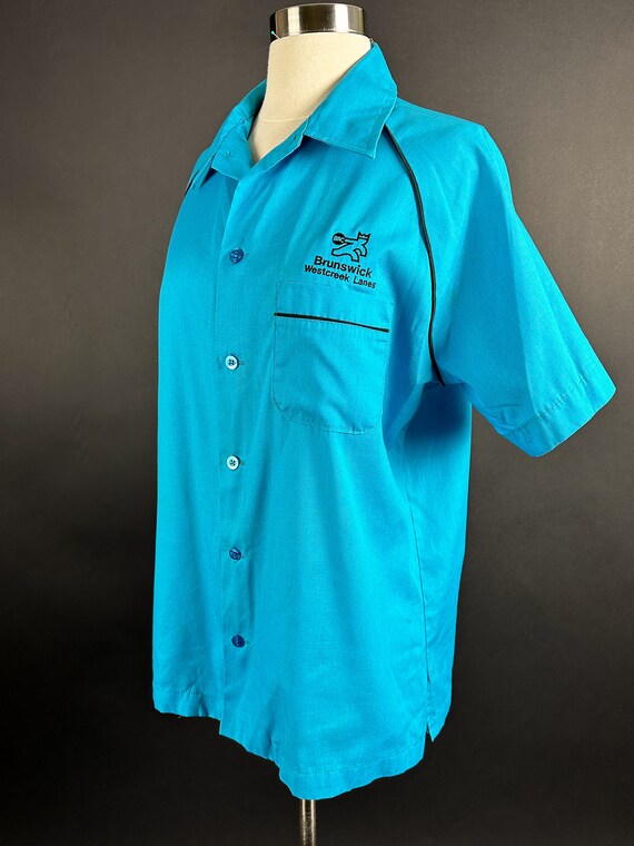1970s 80s Blue Teal Bowling Shirt Medium - image 4