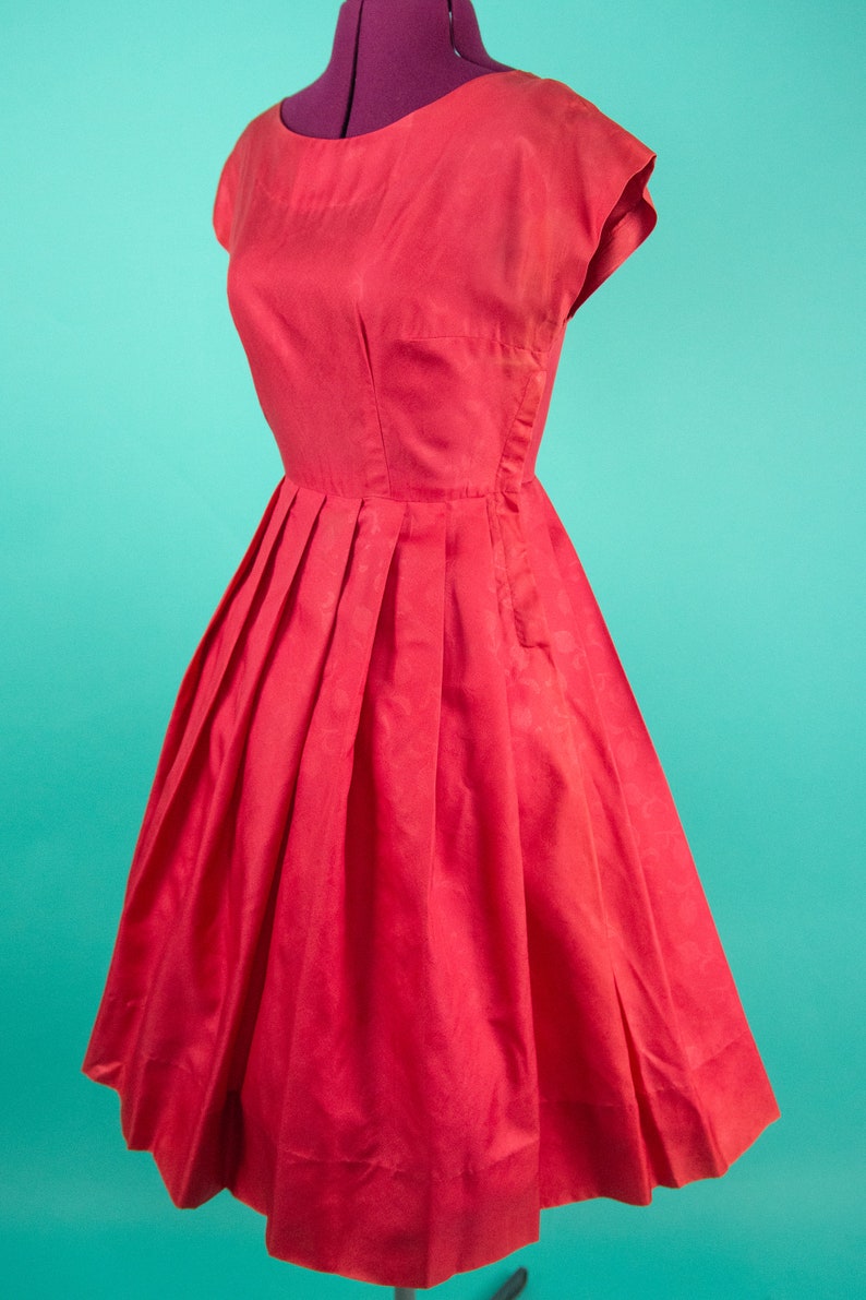 Coral Red Dress Vintage 1950s Red Floral Dress Small
