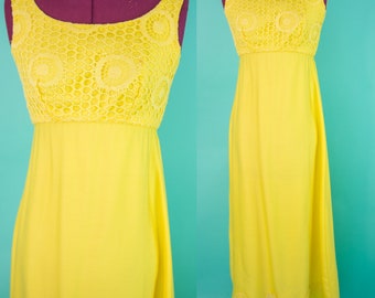 Vintage 1960s XS - Yellow Maxi Dress Empire Waist