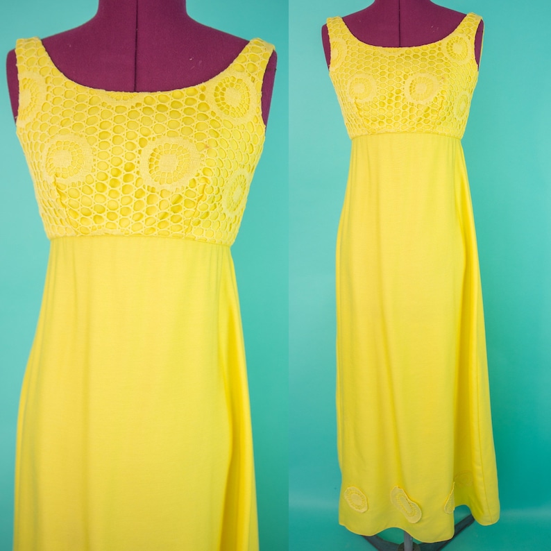 Vintage 1960s XS Yellow Maxi Dress Empire Waist image 1