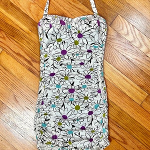 Vintage 1950s Jantzen White Floral Swimsuit Smocked One Piece Bathing Suit - Small XS