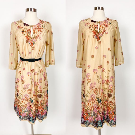 1970s Beige Orange Floral Dress Medium Large - image 1