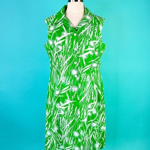 1970s Green Plant Dress Cotton L/XL Day Dress