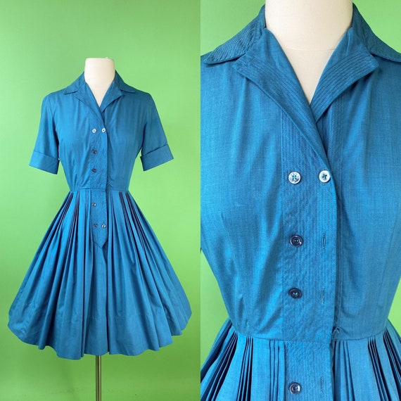 Vintage 1950s Blue Dress XS Shirtwaist Dress