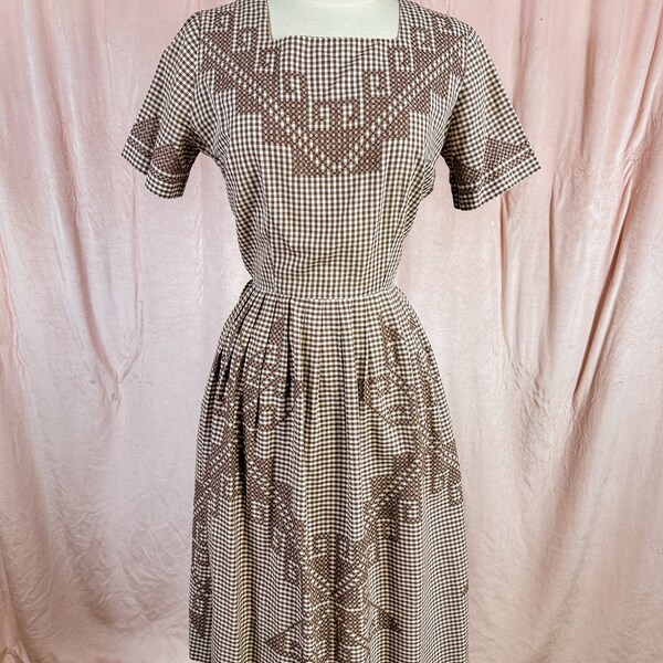 1950s Black White Gingham Print Dress | XS/S