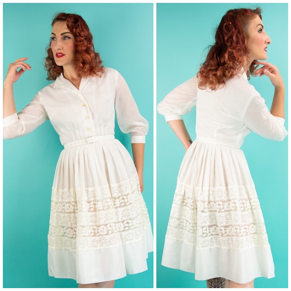 1950s White Dress - XS Small - Day Dress - Shirt D
