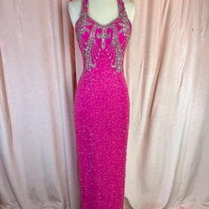 Vintage 1980s 90s Halter Dress Pink Fuchsia Gown XS 34 Bust
