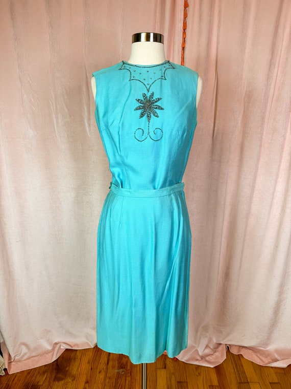 Vintage 1950s Turquoise Blue Skirt Suit Small Med… - image 2