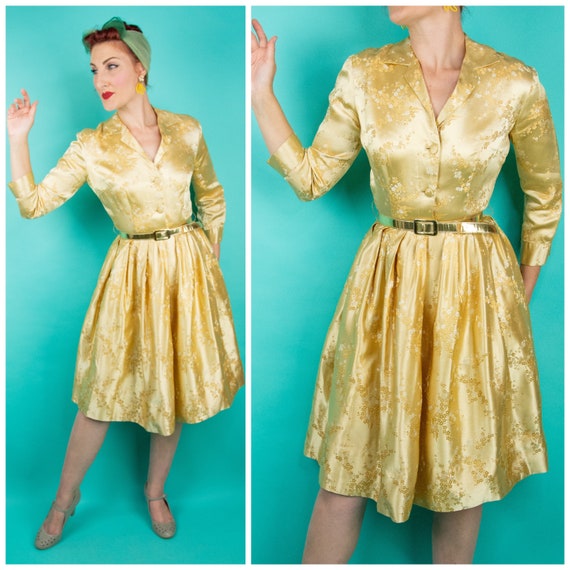 1950s 60s Alfred Shaheen Honolulu Dress - Gold Che