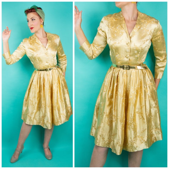 Vintage 1950s 60s Satin Gold Dress Alfred Shaheen… - image 1