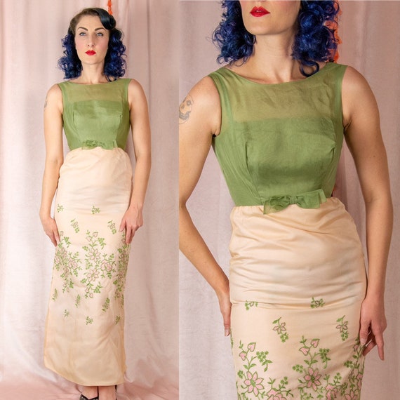 1960s XS Dress - Sheer Green and Pink Floral Dress