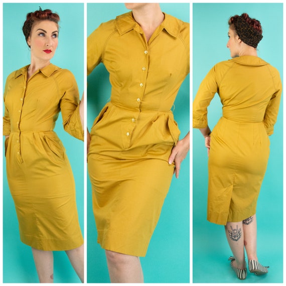 Vintage 1950s Mustard Pencil Dress Small with Pock