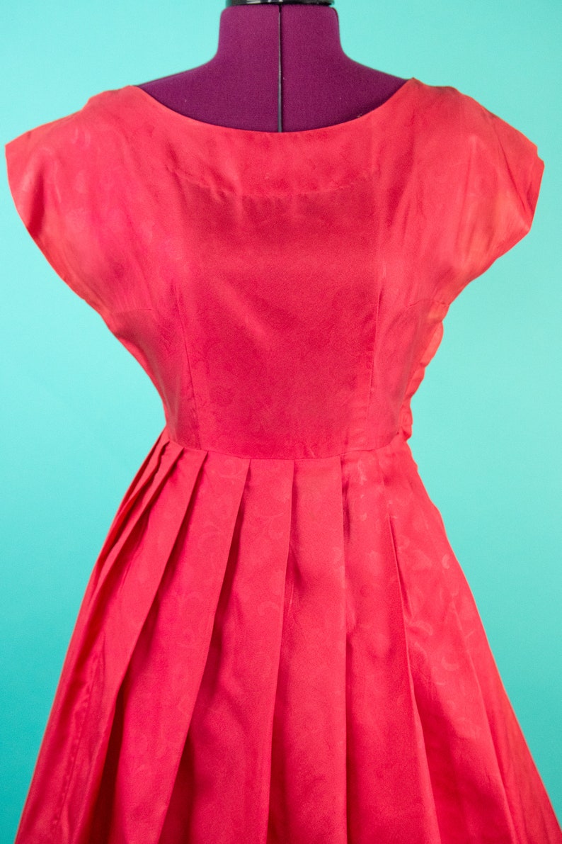 Coral Red Dress Vintage 1950s Red Floral Dress Small
