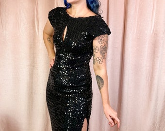 Vintage 1980s Black Sequin Wiggle Dress Cocktail Dress Medium