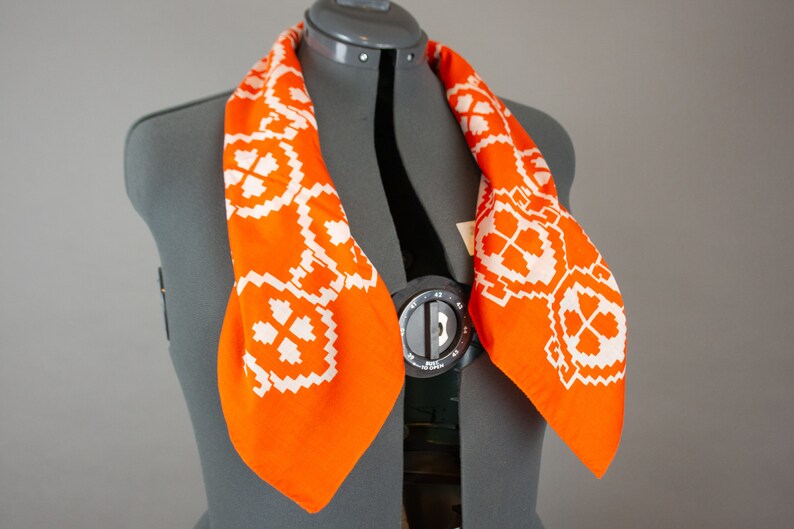 Vintage 1970s Orange Scarf Geometric Block Print image 6