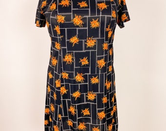 1960s 1970s 40W Black Orange Floral Geometrical Dress