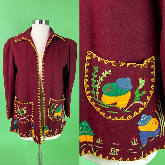 1940s Mexico Souvenir Jacket Burgundy Red Wool Med