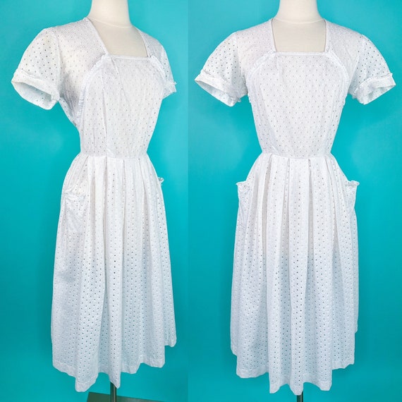 Vintage 1940s White Eyelet Lace Dress 27 Waist - image 1