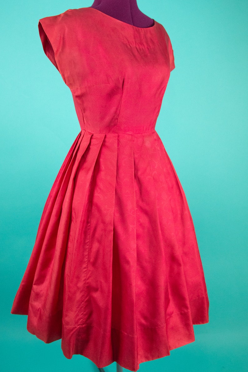 Coral Red Dress Vintage 1950s Red Floral Dress Small