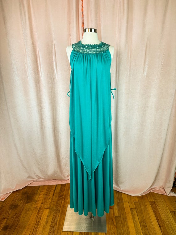 Vintage 1970s Turquoise Green Goddess Dress Small… - image 1