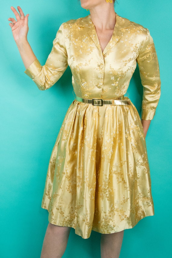 Vintage 1950s 60s Satin Gold Dress Alfred Shaheen… - image 9