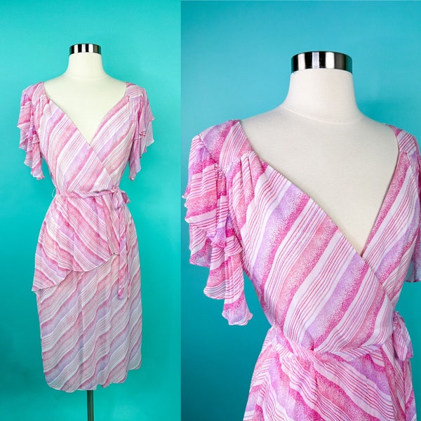 1970s 80s Pink Stripe Wrap Dress - Small