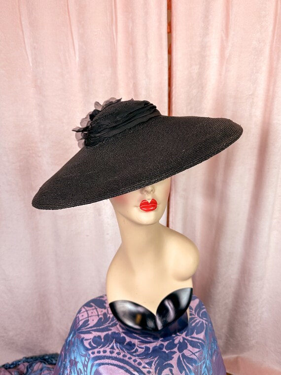 Vintage 1940s 50s Black Wide Brim Hat