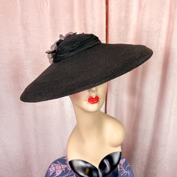 Vintage 1940er 50er Jahre Schwarzer Hut mit breiter Krempe