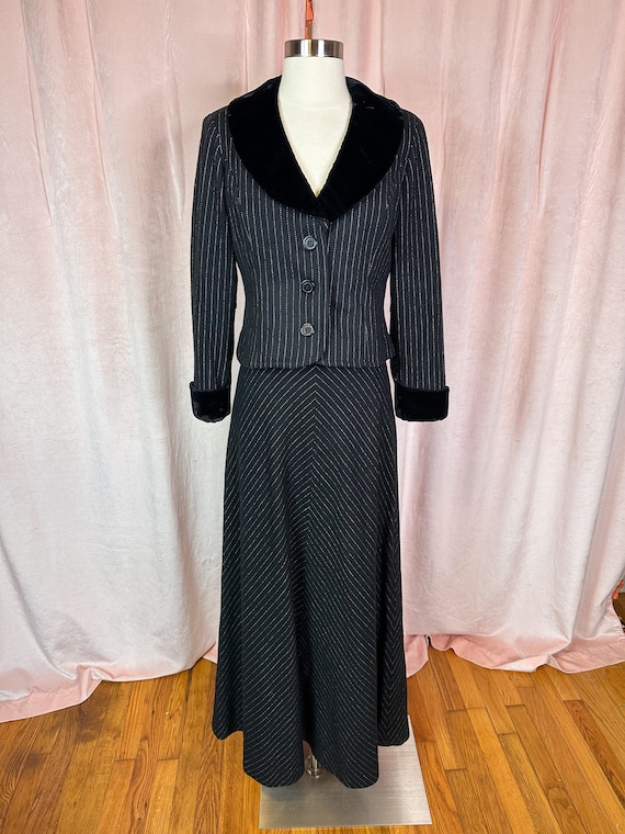 Vintage 1960s 70s Black Pinstripe Skirt Suit Set S