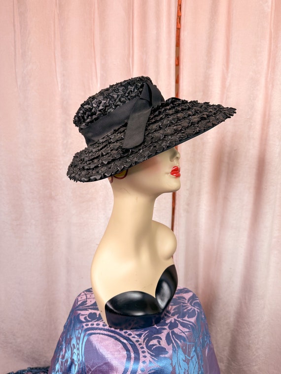 Vintage 1940s 50s Black Wide Brim Tilt Hat - image 1