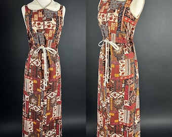 Late 1960s 70s Floral Fall Tiki Abstract Print Barkcloth Maxi Dress - 36 bust