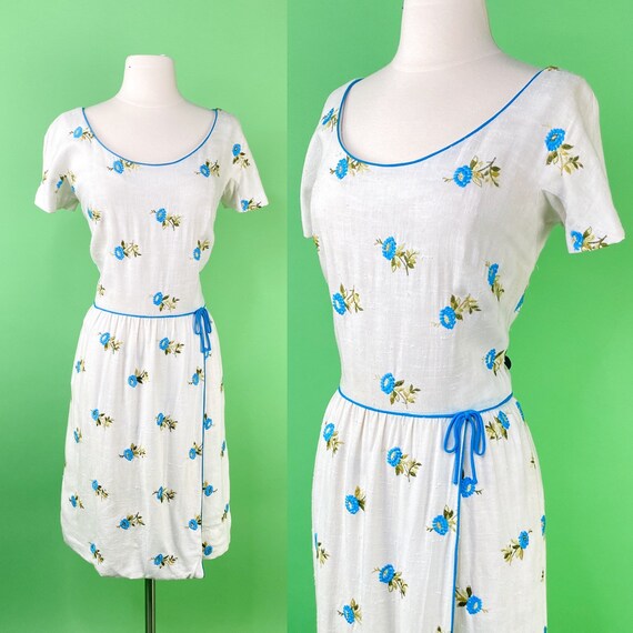 Vintage 1950s 60s White Floral Wiggle Dress - Medi