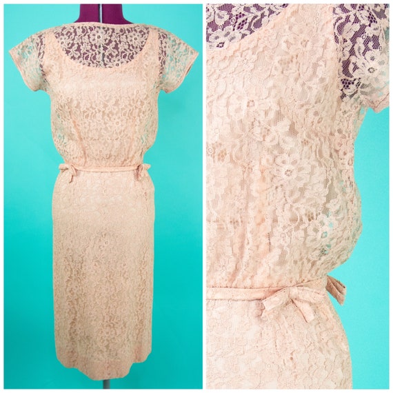 1950s XS Blush Lace Wiggle Dress 24 W - image 1