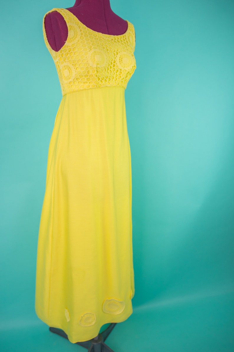 Vintage 1960s XS Yellow Maxi Dress Empire Waist image 5