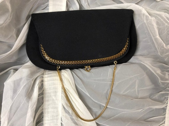 50s Black Clutch - Fold Over Purse - Gold Chain C… - image 1