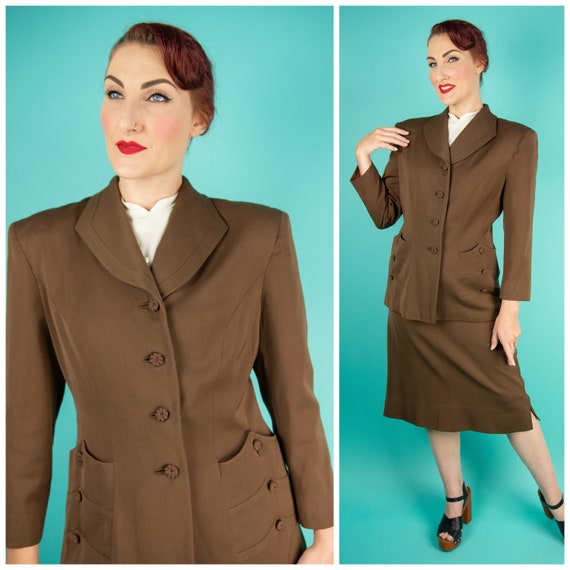 1940s Brown Skirt Suit - Dress Suit - Wool Gabardi