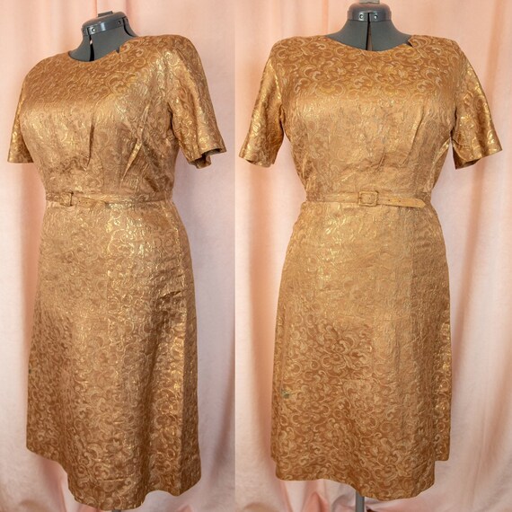 1950s Gold Dress Large XL - Cocktail Dress - Gold