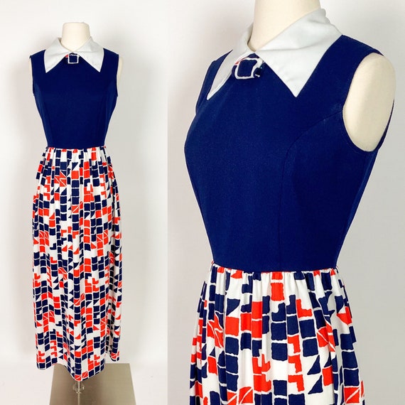 1970s S/M Blue White Red Color Block Geometric Dr… - image 1