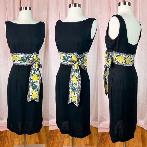 Vintage 1950s 60s Black Pencil Dress Floral Waist Band w/ Tie 24 Waist